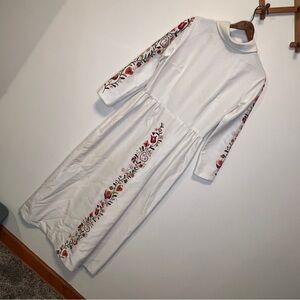 OOAK Vintage Homemade White Long Sleeve Maxi Dress with Floral Embroidery